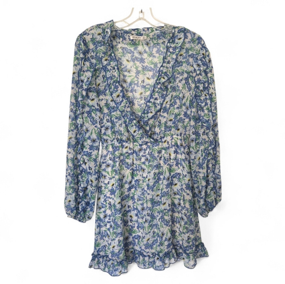 Stradivarius Blue Floral Ruffle Dress | Sheer Chiffon Overlay | Lined | Size S